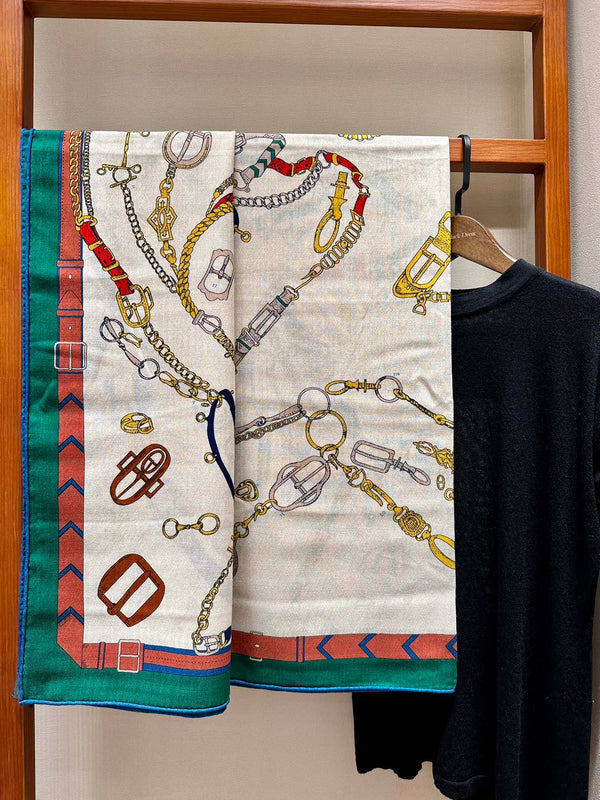 Chevaux Dechaines Shawl 135 CM IN Green Colorful Cashmere Silk 373684