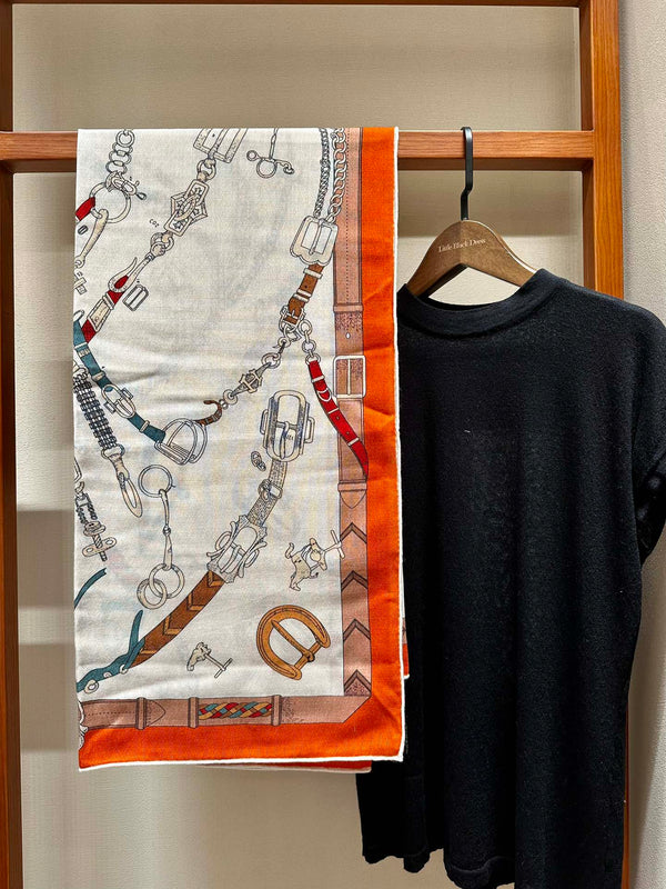 Chevaux Dechaines Shawl 135 CM IN Orange Colorful Cashmere Silk 373685