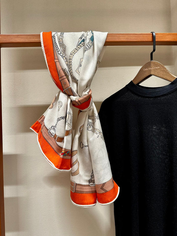 Chevaux Dechaines Shawl 135 CM IN Orange Colorful Cashmere Silk 373685