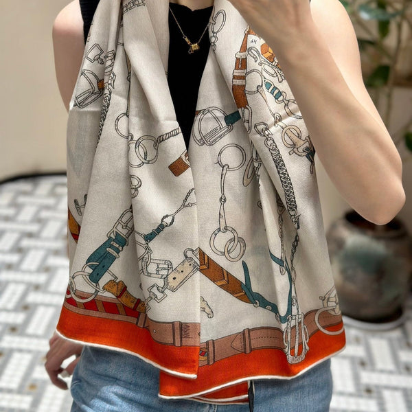 Chevaux Dechaines Shawl 135 CM IN Orange Colorful Cashmere Silk 373685