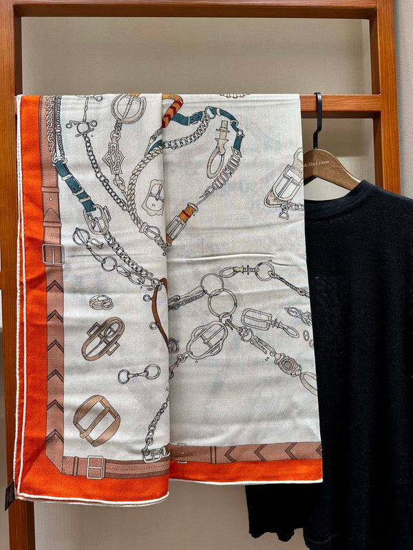 Chevaux Dechaines Shawl 135 CM IN Orange Colorful Cashmere Silk 373685