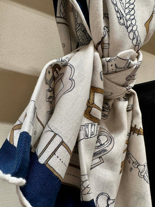 Chevaux Dechaines Shawl 135 CM IN Blue Purple Colorful Cashmere Silk 373687