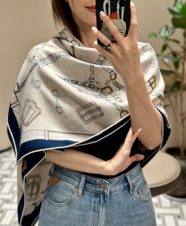 Chevaux Dechaines Shawl 135 CM IN Blue Purple Colorful Cashmere Silk 373687