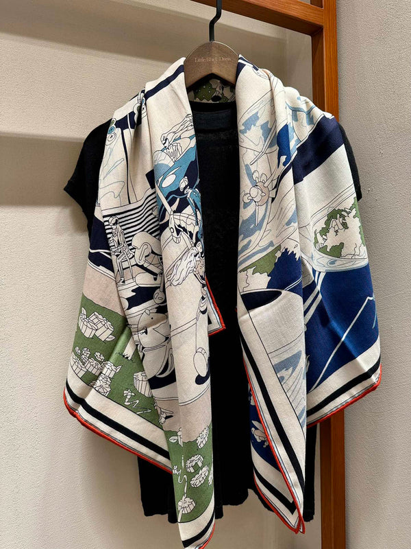 Locomotion Shawl 140 CM In Dark Blue Colorful Cashmere And Silk 384146