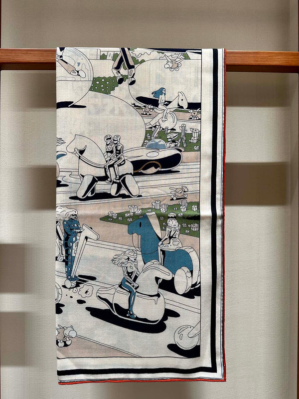 Locomotion Shawl 140 CM In Dark Blue Colorful Cashmere And Silk 384146