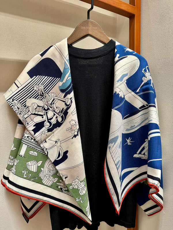 Locomotion Shawl 140 CM In Dark Blue Colorful Cashmere And Silk 384146