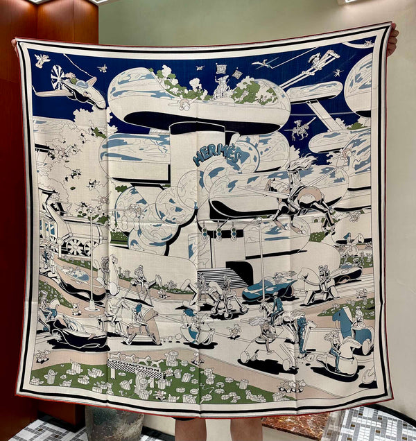 Locomotion Shawl 140 CM In Dark Blue Colorful Cashmere And Silk 384146