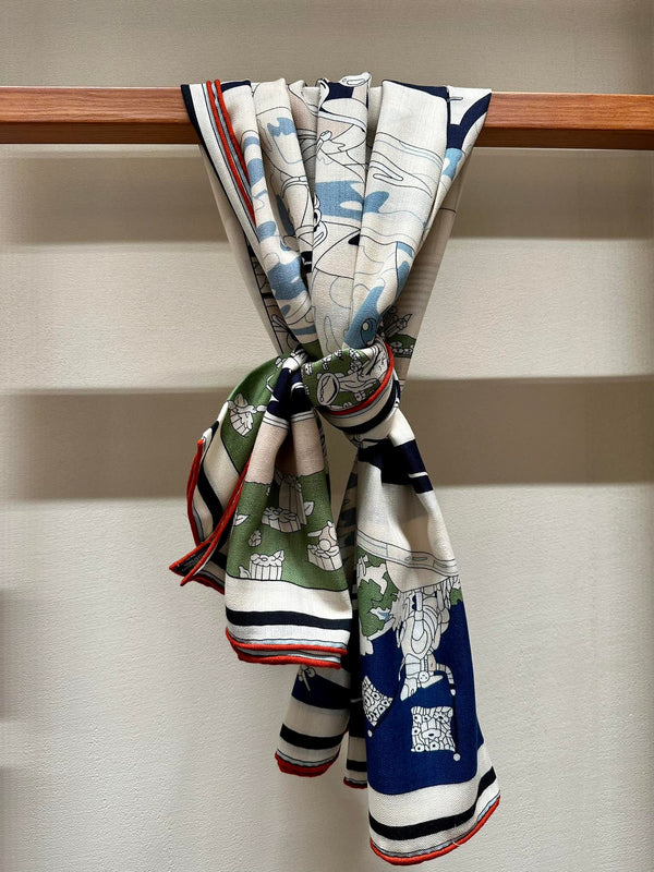 Locomotion Shawl 140 CM In Dark Blue Colorful Cashmere And Silk 384146