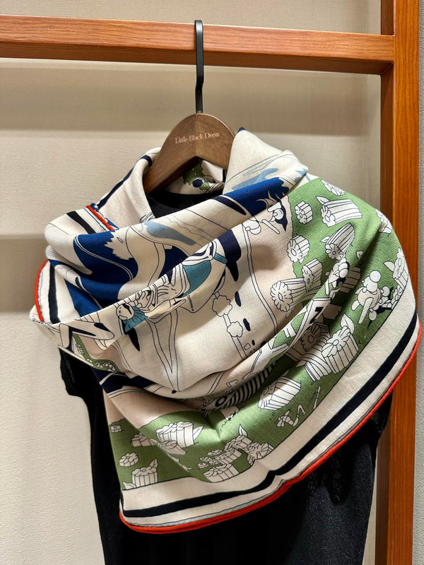 Locomotion Shawl 140 CM In Dark Blue Colorful Cashmere And Silk 384146