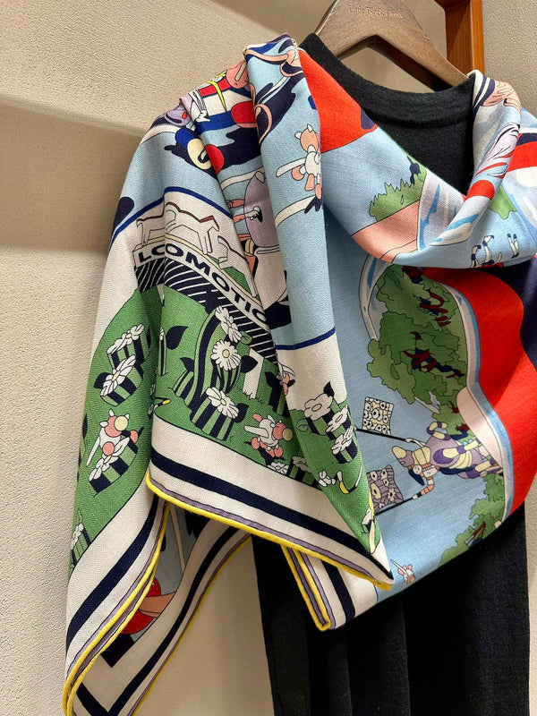 Locomotion Shawl 140 CM In Light Blue Colorful Cashmere And Silk 384147