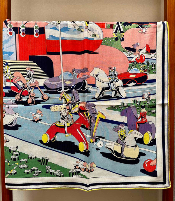 Locomotion Shawl 140 CM In Light Blue Colorful Cashmere And Silk 384147