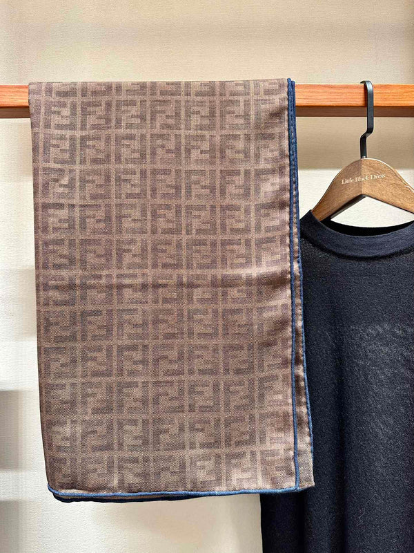 FF SHAWL 185 CM IN COFFEE BROWN SILK AND WOOL WITH BLUE BORDER 413672