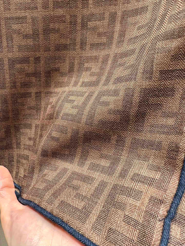 FF SHAWL 185 CM IN COFFEE BROWN SILK AND WOOL WITH BLUE BORDER 413672