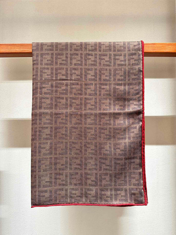 FF SHAWL 185 CM IN COFFEE BROWN SILK AND WOOL WITH RED BORDER 413673