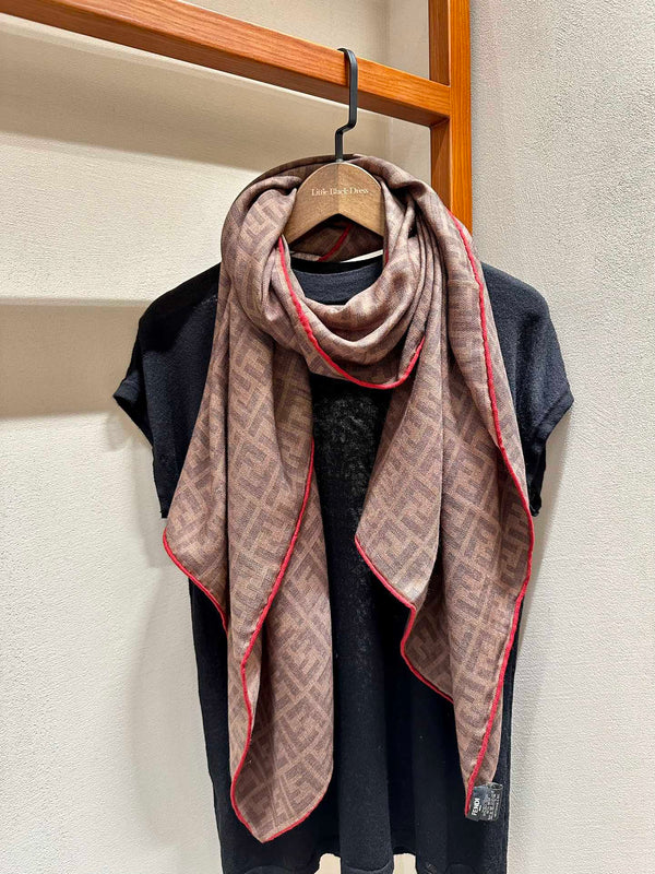 FF SHAWL 185 CM IN COFFEE BROWN SILK AND WOOL WITH RED BORDER 413673