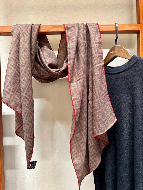 FF SHAWL 185 CM IN COFFEE BROWN SILK AND WOOL WITH RED BORDER 413673