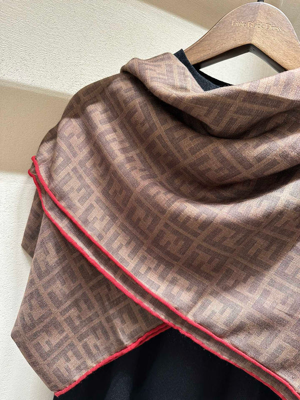 FF SHAWL 185 CM IN COFFEE BROWN SILK AND WOOL WITH RED BORDER 413673