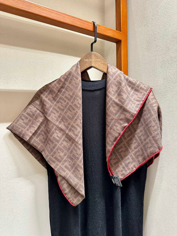 FF SHAWL 185 CM IN COFFEE BROWN SILK AND WOOL WITH RED BORDER 413673