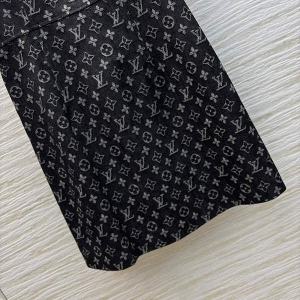 LV 25 Logo Jacquard Sleeveless Denim Straight Dress Black Cotton