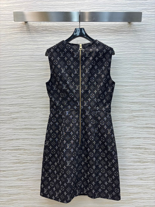 LV 25 Logo Jacquard Sleeveless Denim Straight Dress Black Cotton