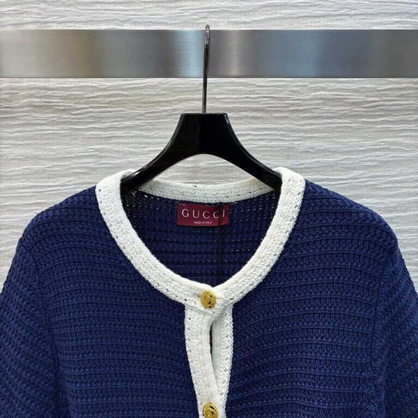 Gucci 25 Knitted Short-sleeved Cardigan Navy Blue Cotton