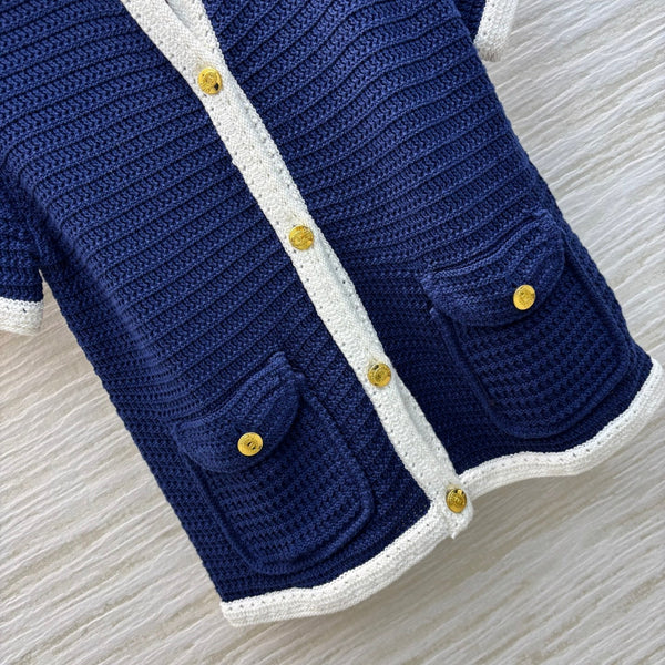 Gucci 25 Knitted Short-sleeved Cardigan Navy Blue Cotton