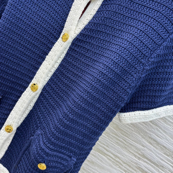 Gucci 25 Knitted Short-sleeved Cardigan Navy Blue Cotton