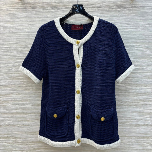 Gucci 25 Knitted Short-sleeved Cardigan Navy Blue Cotton