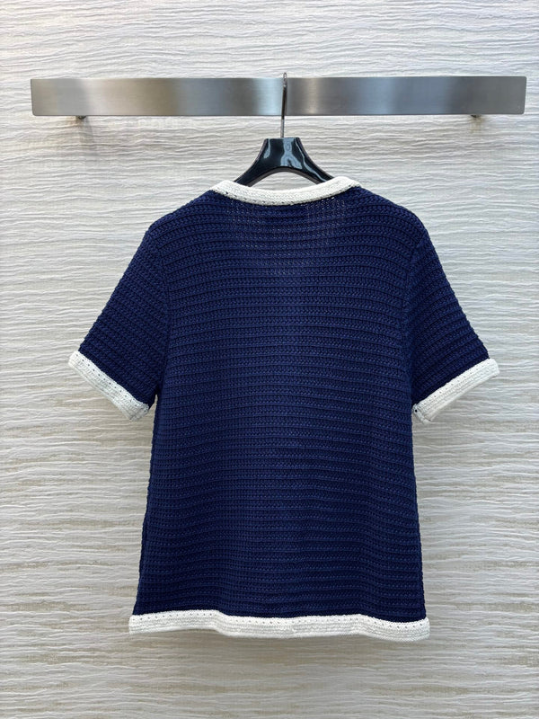 Gucci 25 Knitted Short-sleeved Cardigan Navy Blue Cotton
