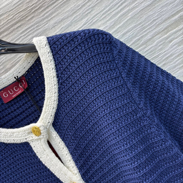 Gucci 25 Knitted Short-sleeved Cardigan Navy Blue Cotton