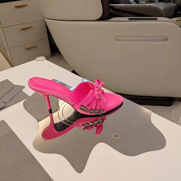 MULES ALTE IN PELLE DI MONTONE ROSA SCURO CON FIOCCO