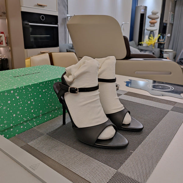 OPEN TOE STRAPPY HIGH HEEL IN BLACK CALFSKIN