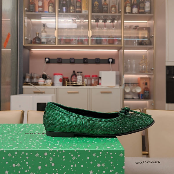 Balen 25 bow ballet flat attached rhinestones in green calfskin 184483