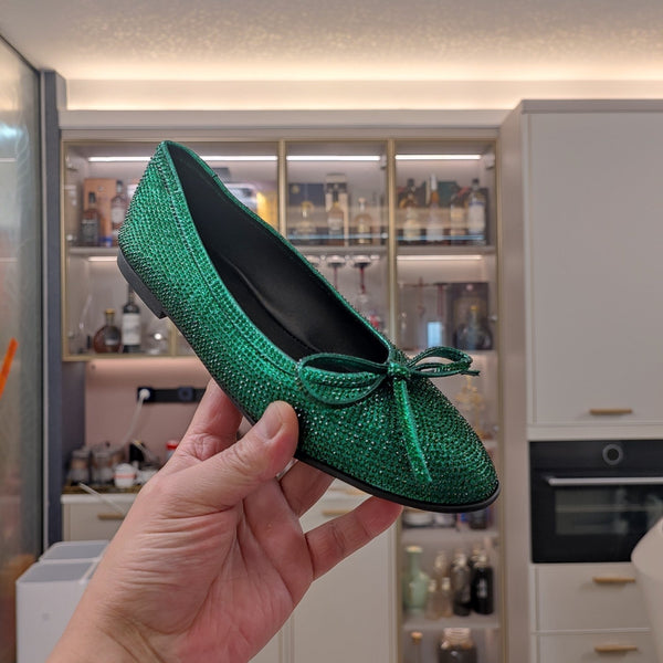 Balen 25 bow ballet flat attached rhinestones in green calfskin 184483