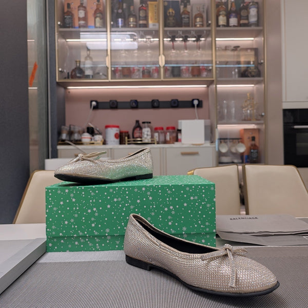 Balen 25 bow ballet flat attached rhinestones in gold metallic calfskin 184485