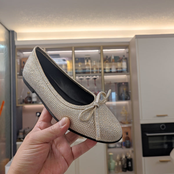 Balen 25 bow ballet flat attached rhinestones in gold metallic calfskin 184485