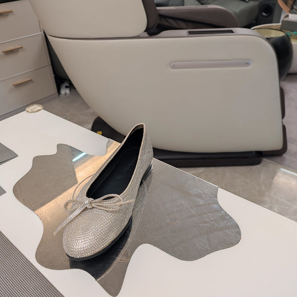 Balen 25 bow ballet flat attached rhinestones in gold metallic calfskin 184485