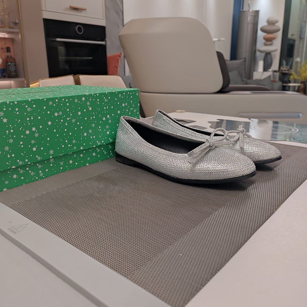 Balen 25 bow ballet flat attached rhinestones in silver metallic calfskin 184486