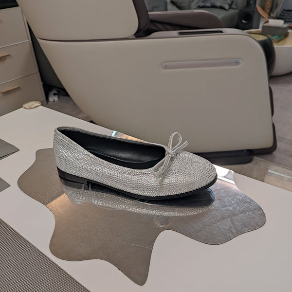 Balen 25 bow ballet flat attached rhinestones in silver metallic calfskin 184486