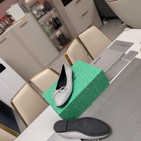 Balen 25 bow ballet flat attached rhinestones in silver metallic calfskin 184486