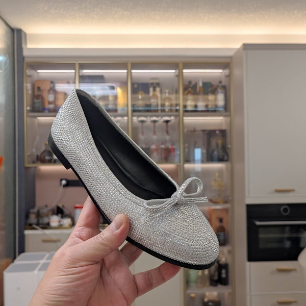 Balen 25 bow ballet flat attached rhinestones in silver metallic calfskin 184486