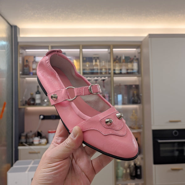 STUDDED MARY JANE FLATS IN SEA PINK SHINY LAMBSKIN