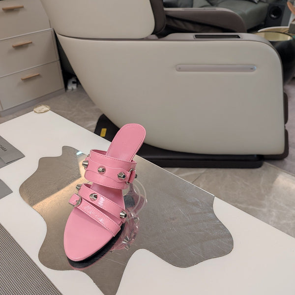 STRAPPY HIGH-HEELED SANDALS IN WEWAK PINK STUDDED WAX-OIL SHEEPSKIN