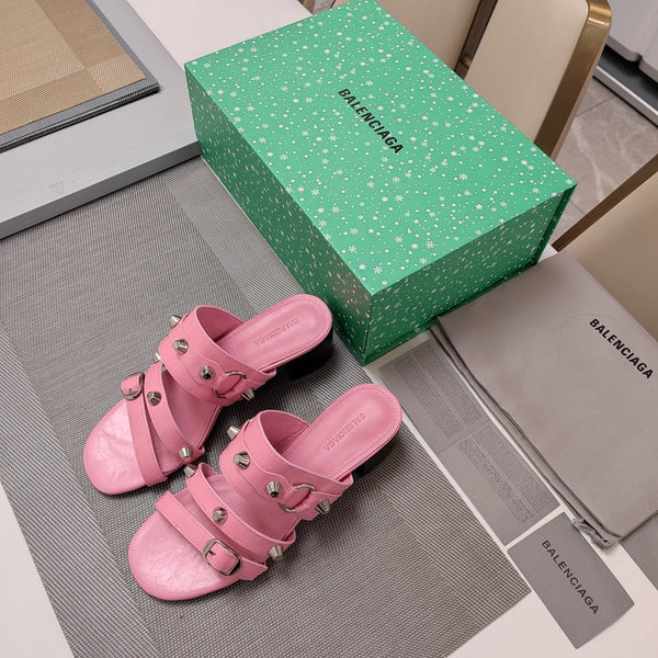 STRAPPY MEDIUM HEELED SANDALS IN WEWAK PINK STUDDED WAX-OIL SHEEPSKIN