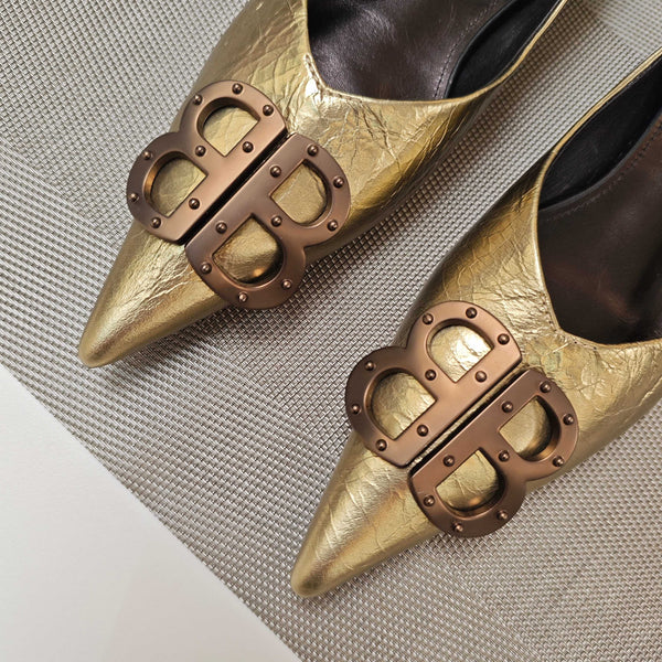 POINTED BALLET FLATS IN GOLD METALLIC SHINY CRACKED SHEEPSKIN
