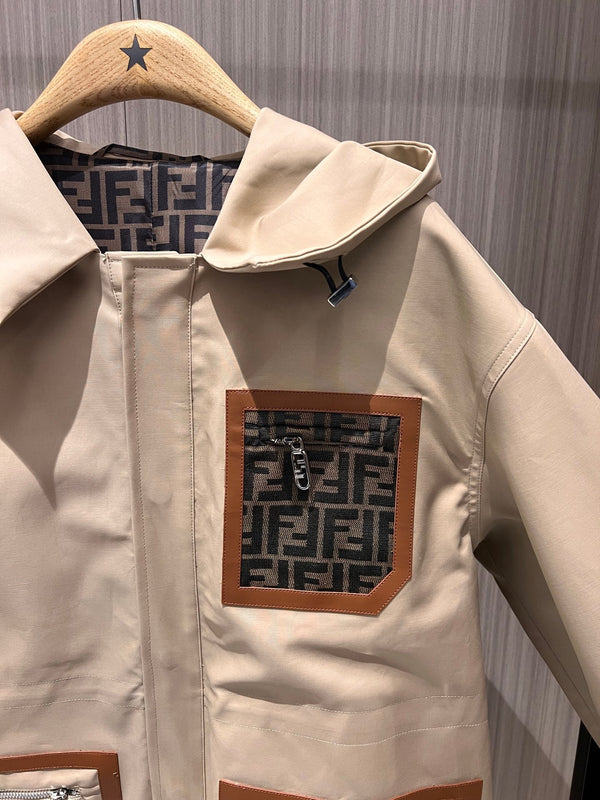 Fendi Hooded Windbreaker Jacket Beige Cotton