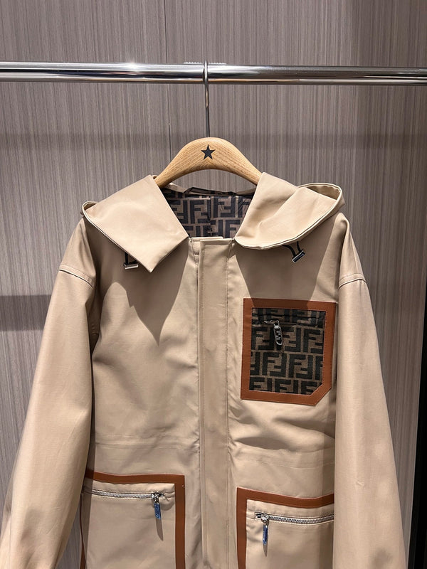 Fendi Hooded Windbreaker Jacket Beige Cotton