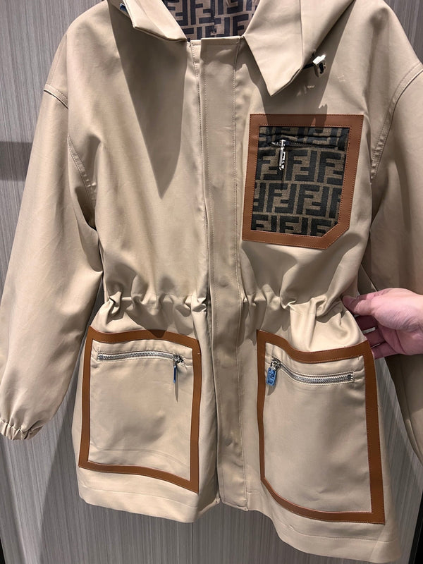 Fendi Hooded Windbreaker Jacket Beige Cotton