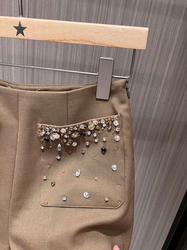 YSL Rhinestone Double Pocket Suit Shorts Light Beige Wool Polyester Rayon