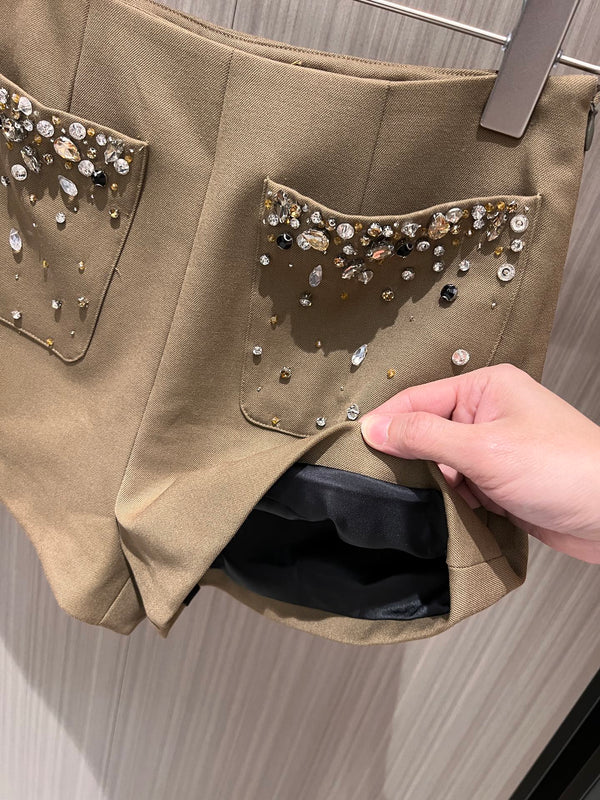 YSL Rhinestone Double Pocket Suit Shorts Light Beige Wool Polyester Rayon